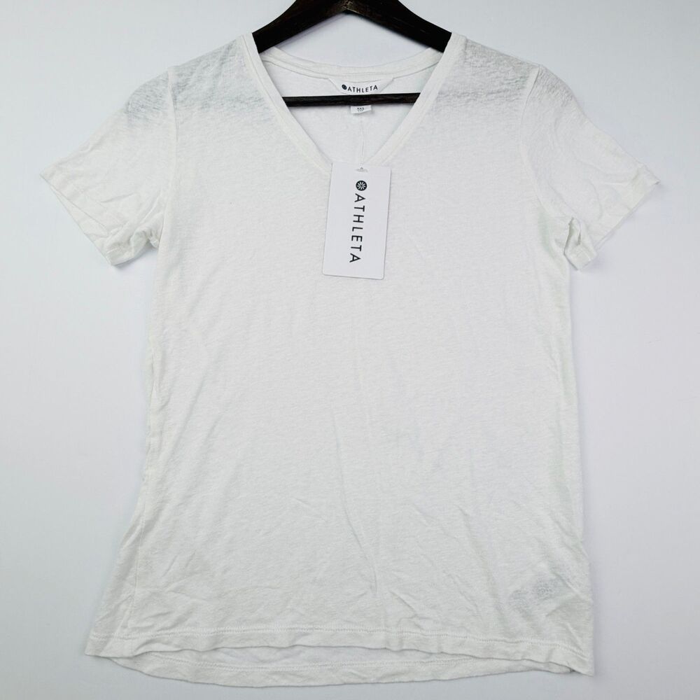 Athleta NWT White Linen Tencel V Neck Tee XXS Petite